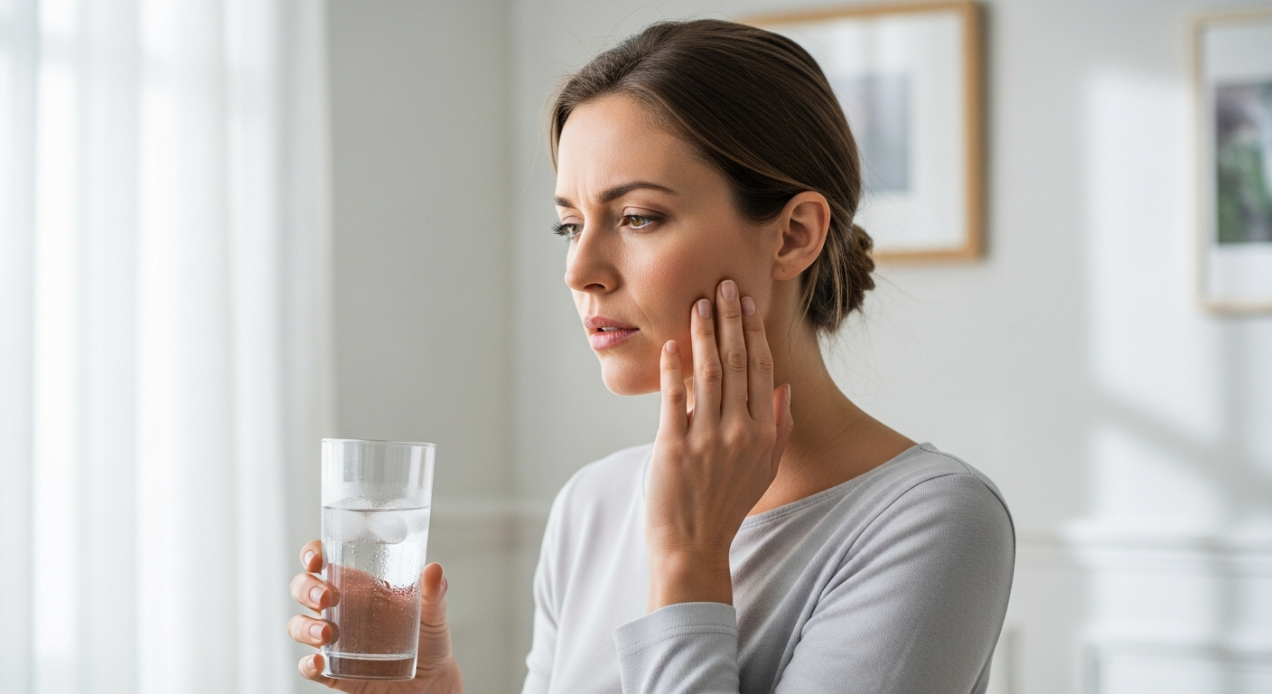 Woman touching her cheek with mild tooth sensitivity while holding a glass of iced water