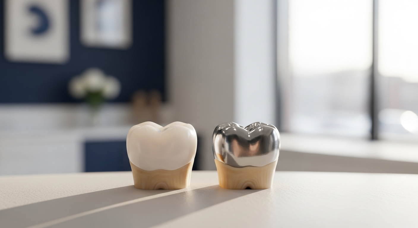 Two molars side by side, one with a white composite filling and one with a silver amalgam filling