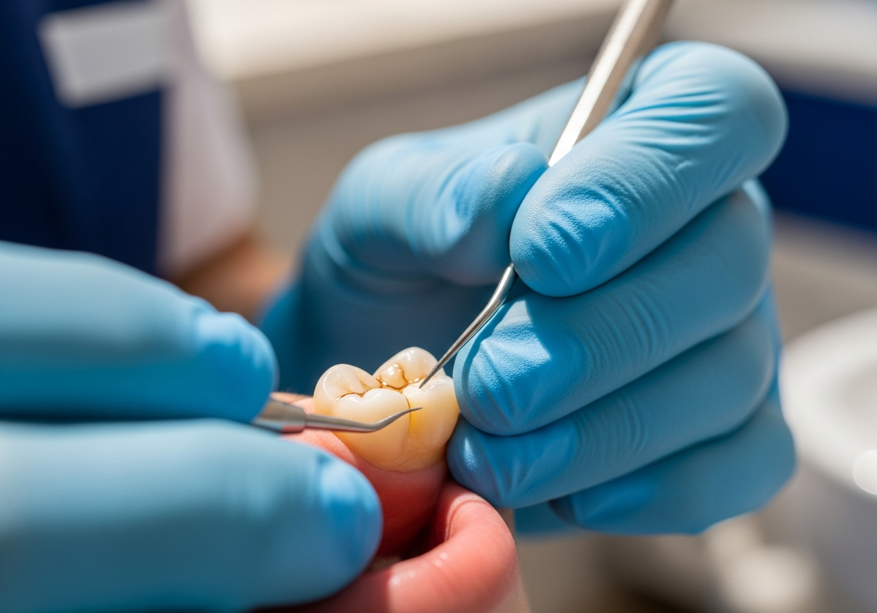 A dentist placing a tooth-coloured composite filling on a molar with a dental instrument