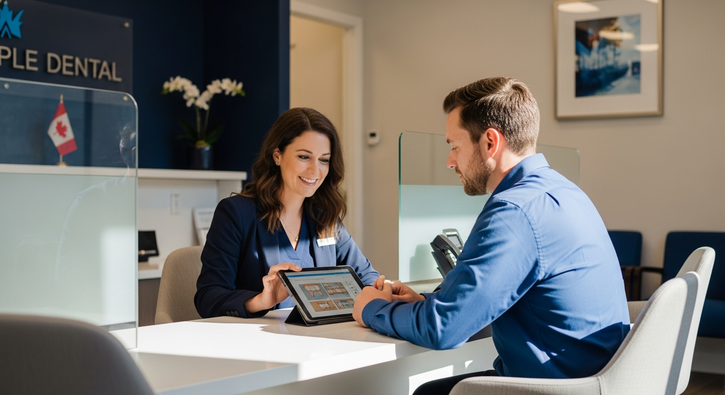 A treatment coordinator reviewing a dental treatment plan with a patient at a Barrhaven clinic