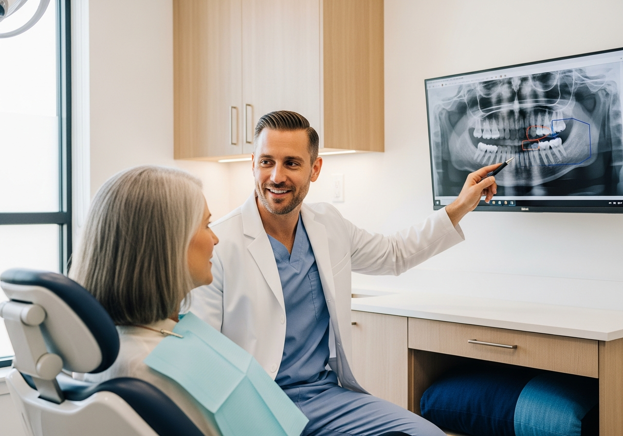 A dentist explaining a digital dental x-ray to a patient before quoting treatment