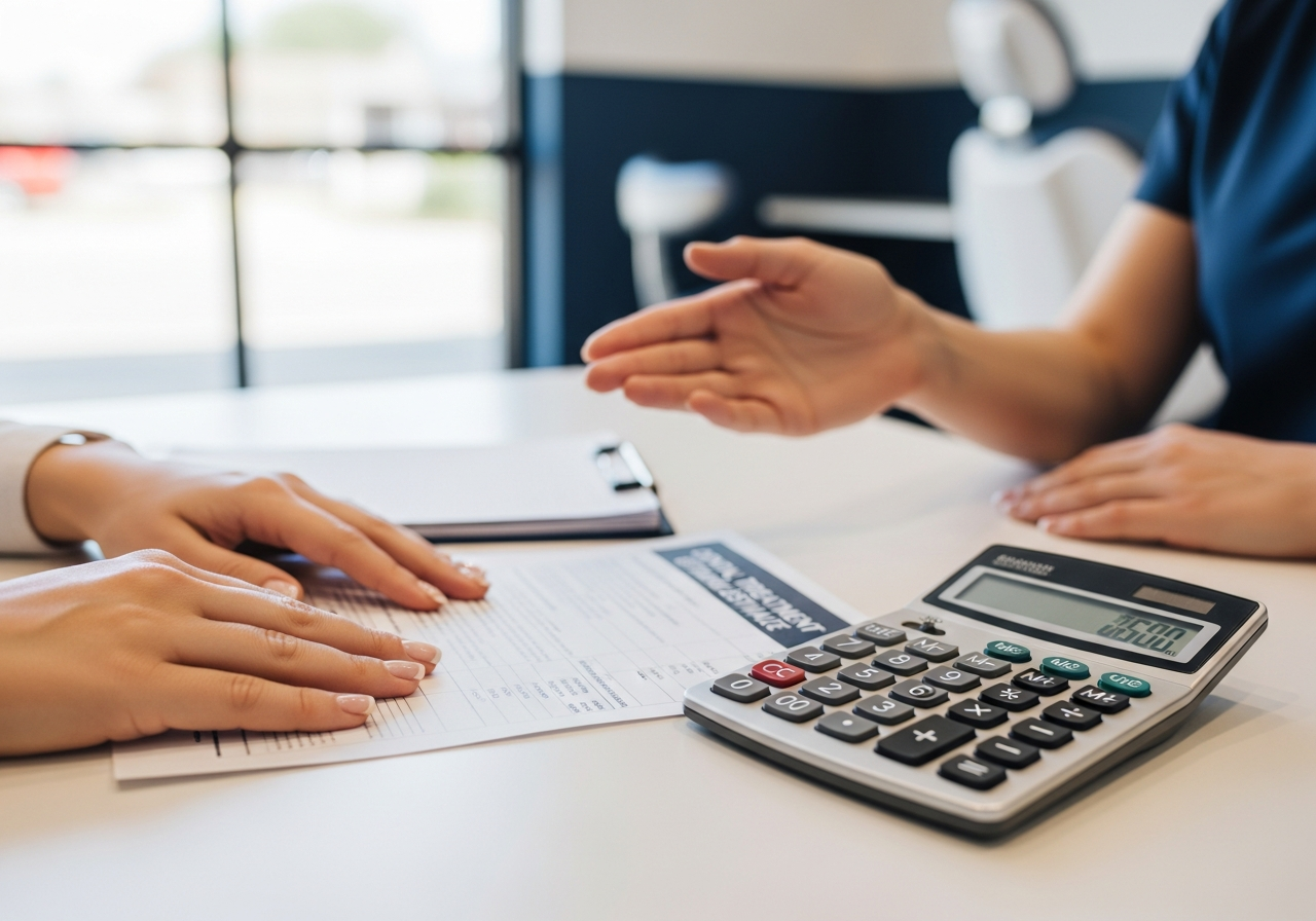 A friendly dental administrator reviewing a treatment estimate and insurance coverage with a patient