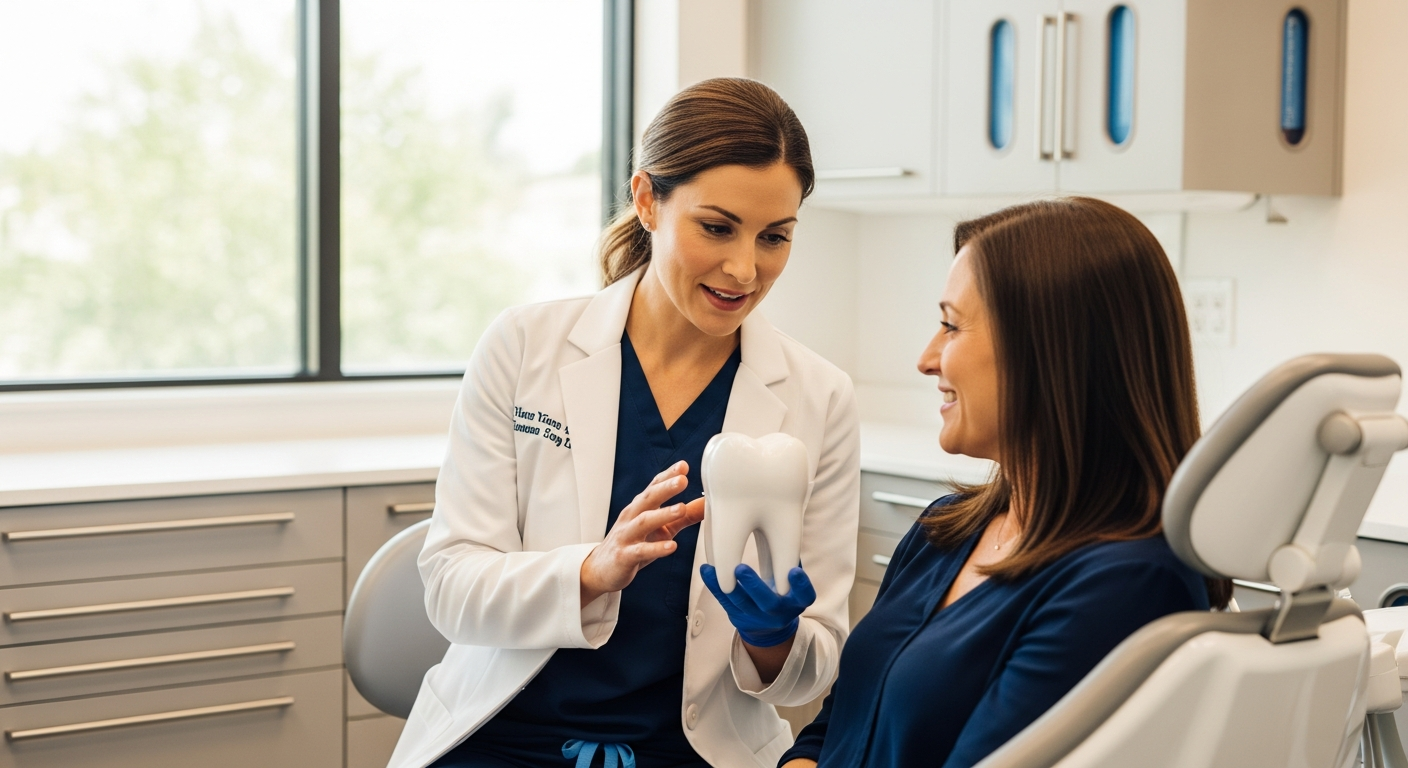 A friendly Barrhaven dentist showing a tooth model to a smiling patient in a bright modern dental operatory