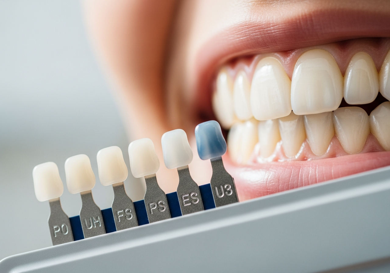 Close-up of a dental shade guide matching the colour of a tooth-coloured filling to natural teeth