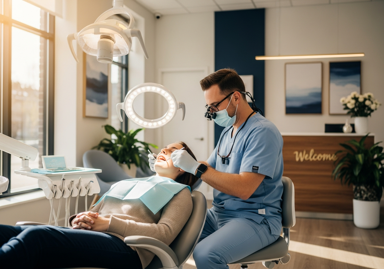 A relaxed patient reclining comfortably in a modern dental chair during a filling appointment