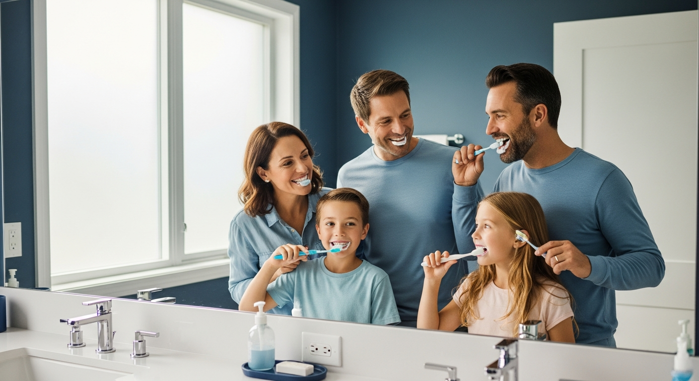 A cheerful family brushing their teeth together in a bright bathroom