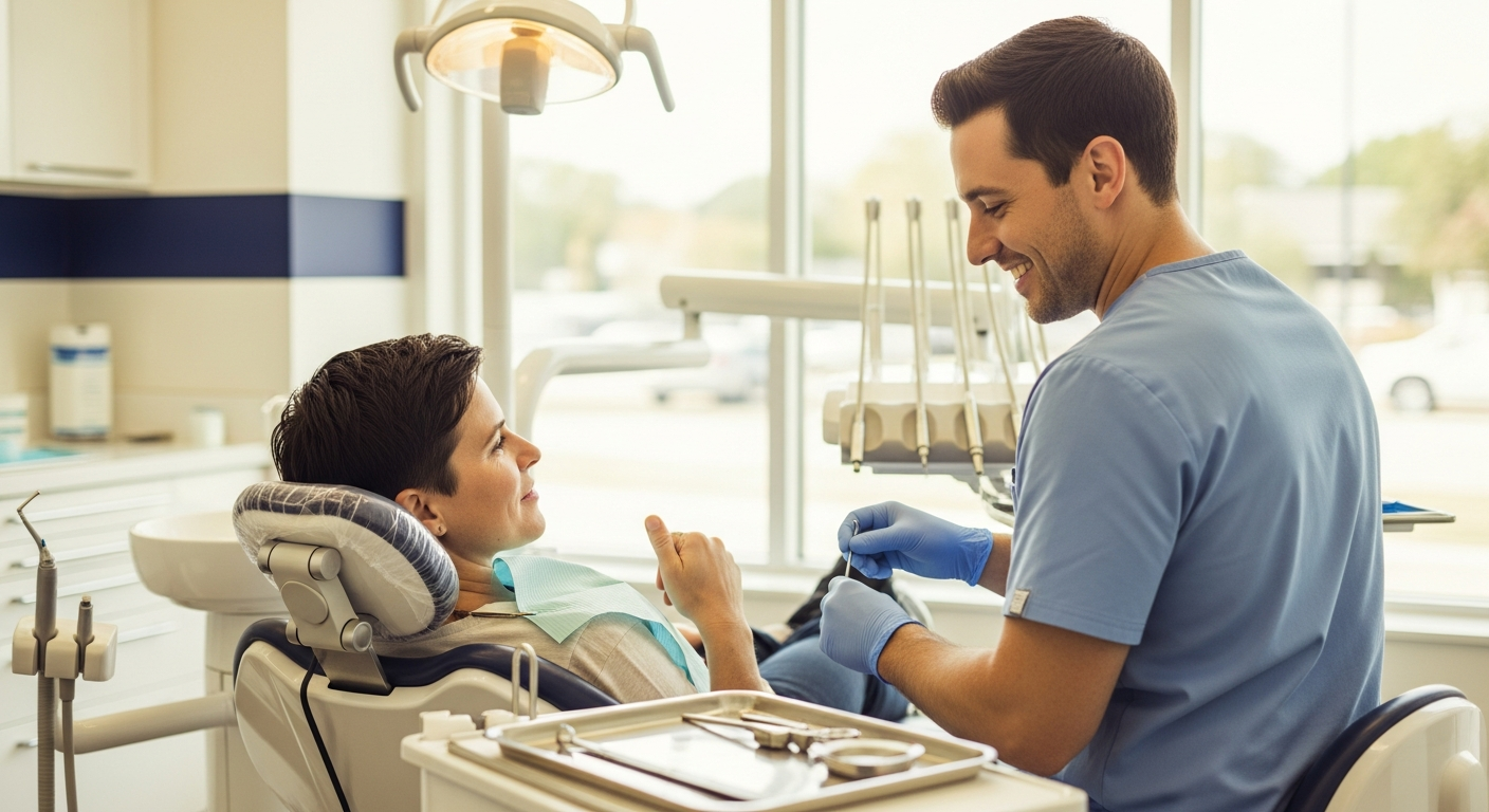 A relaxed patient giving a thumbs up in a modern dental chair as a gentle dentist prepares