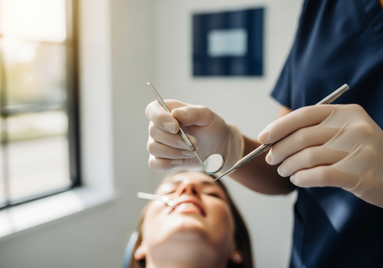 Close-up of a gentle dentist's careful hands holding a dental mirror near a relaxed patient