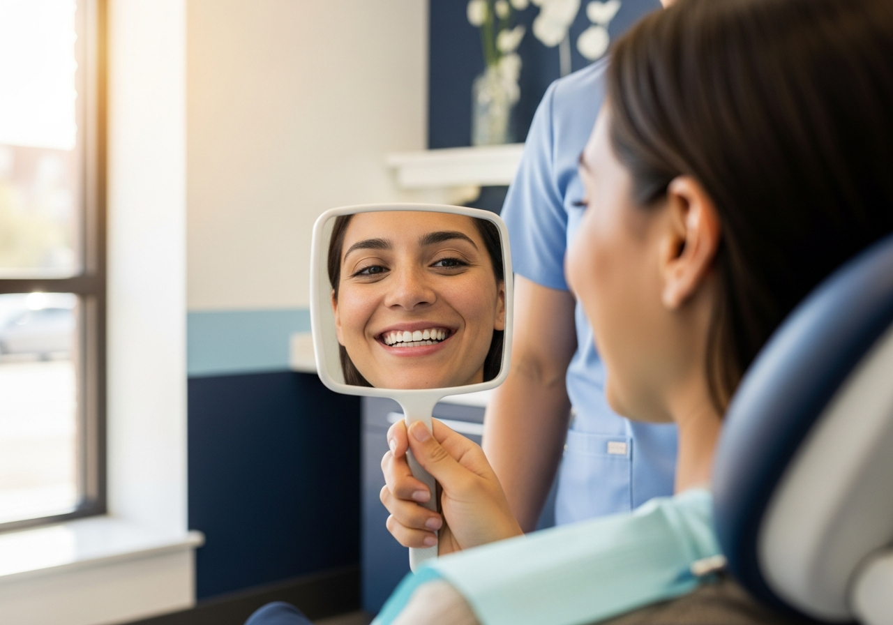 A patient smiling and checking their teeth in a mirror after a comfortable dental filling appointment