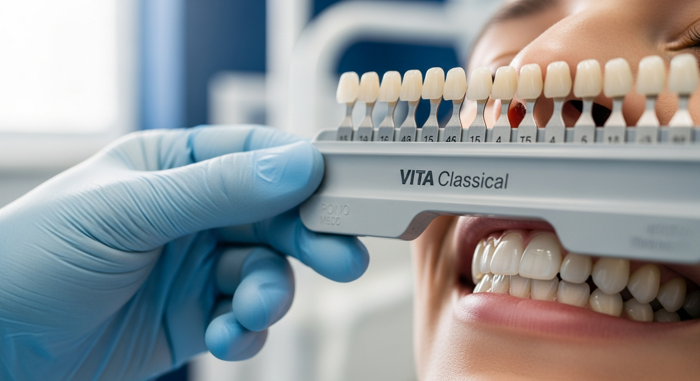 Dentist holding a tooth shade guide beside a patient's natural white teeth in a bright Barrhaven clinic