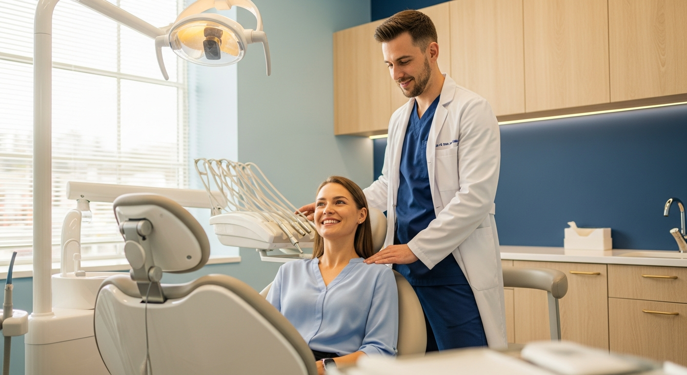 Relaxed smiling patient in a modern dental chair with a reassuring dentist nearby