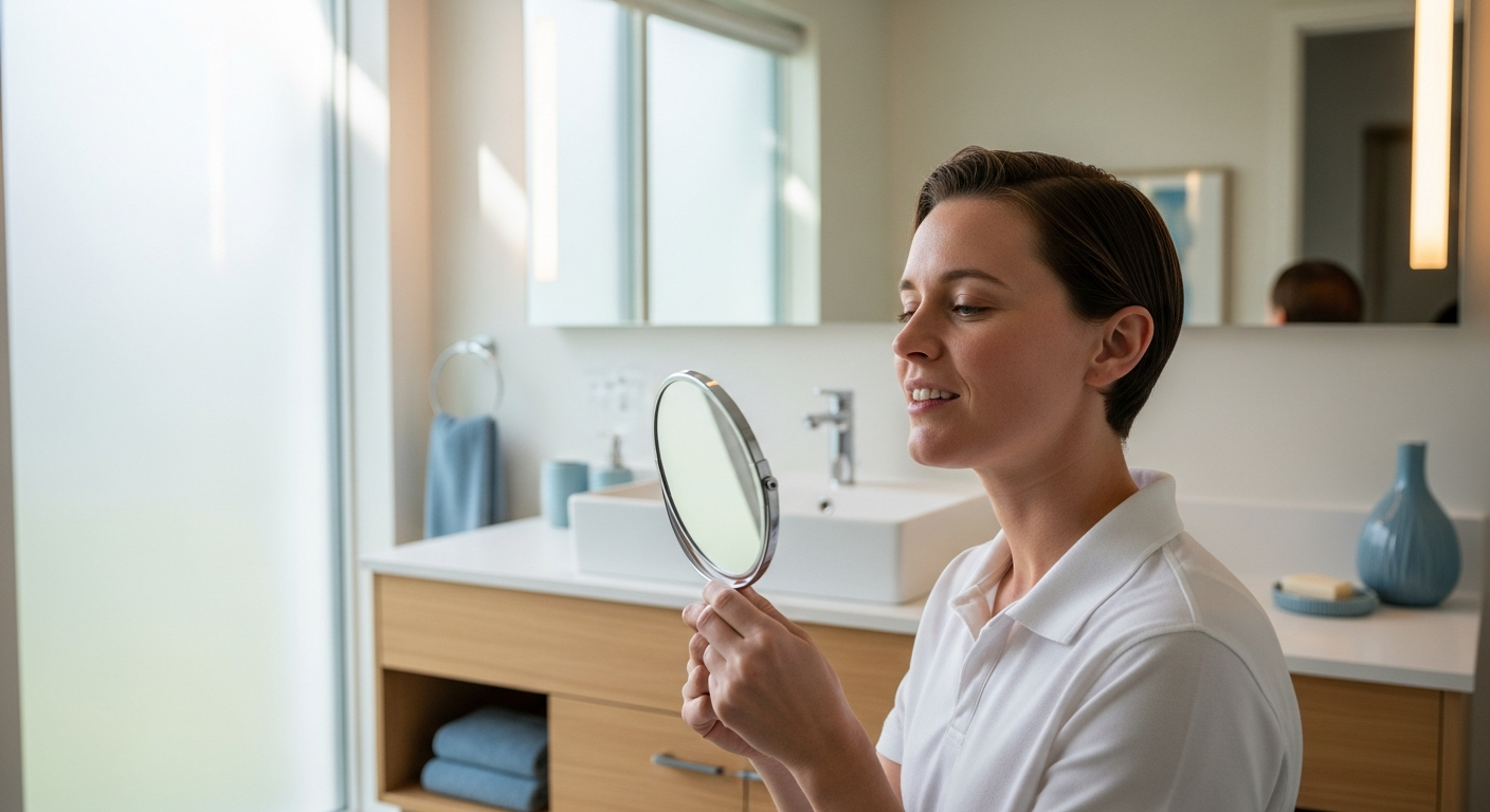 Person calmly checking their tooth in a handheld mirror in a bright bathroom