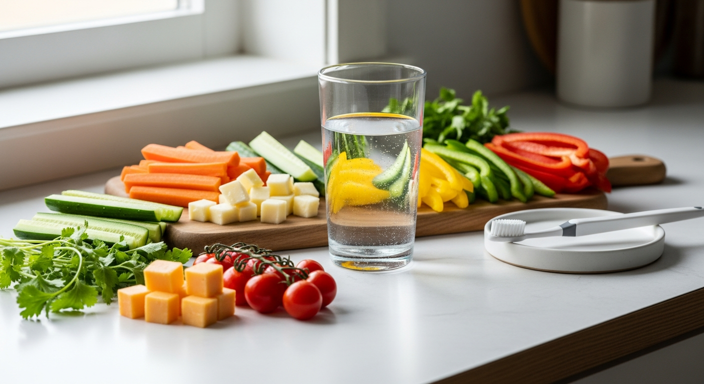 Glass of water with fresh healthy foods and a toothbrush on a bright kitchen counter