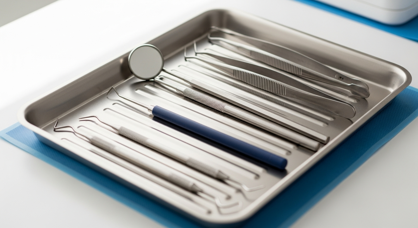 Clean tray of modern dental instruments and a mirror on a bright white surface