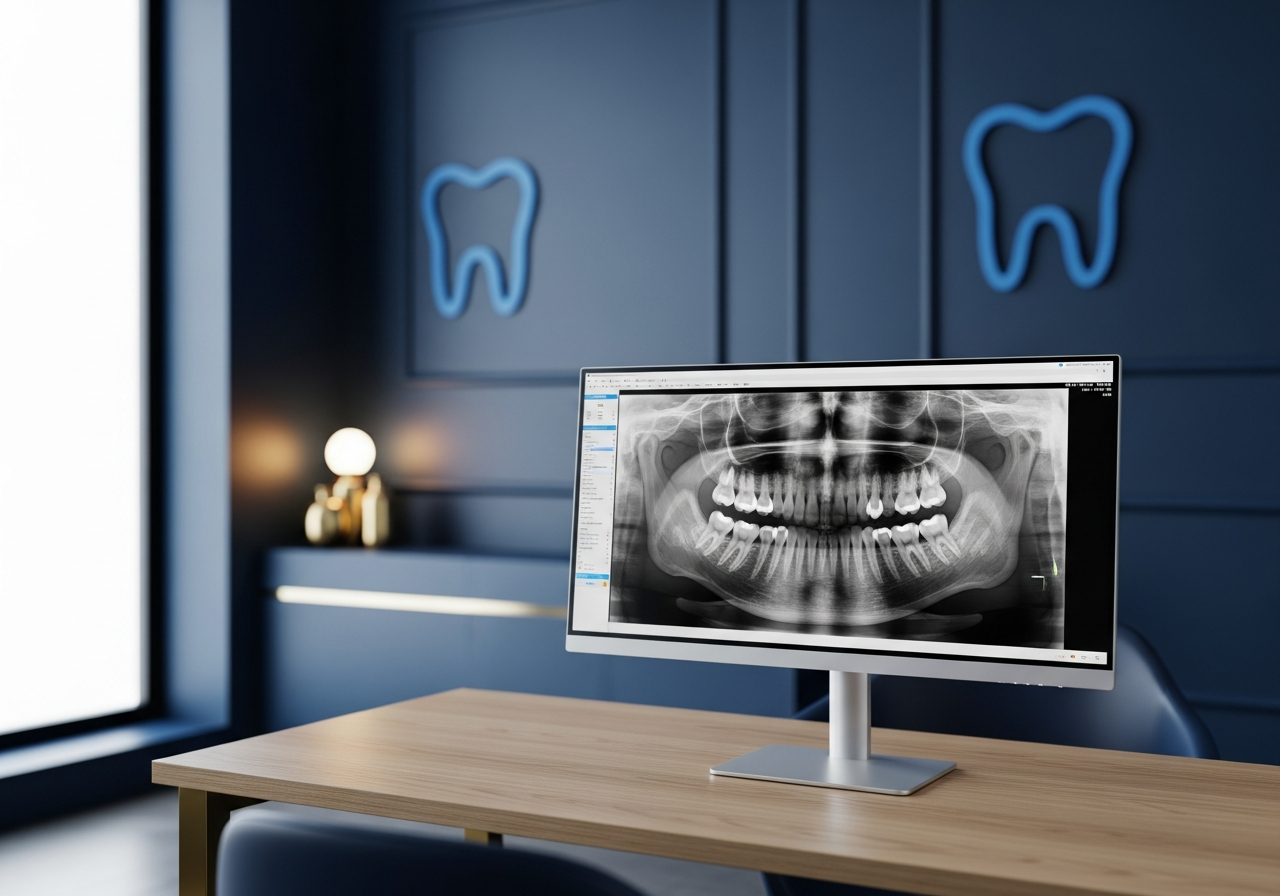Digital dental x-ray displayed on a monitor for cavity diagnosis