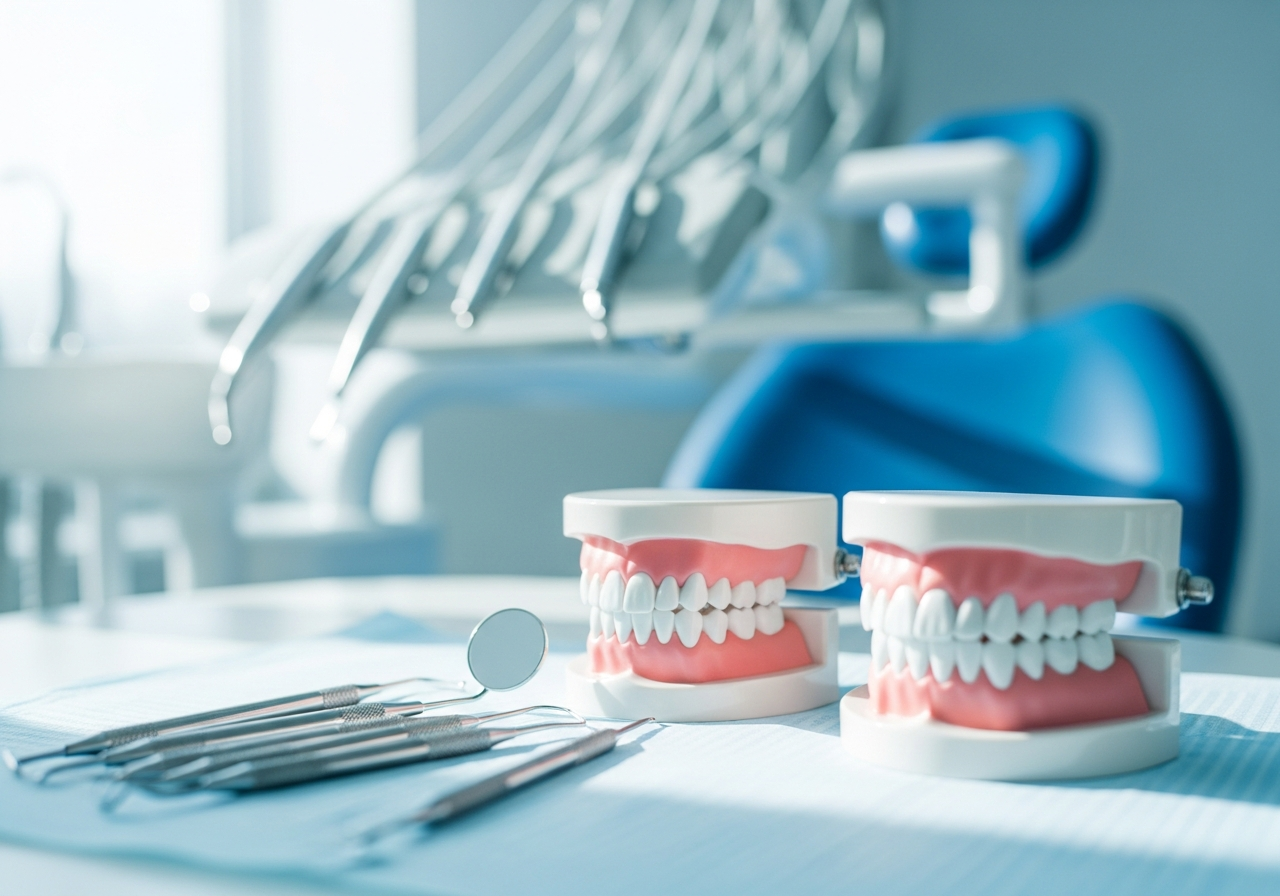 Professional dental cleaning tools and a polished set of teeth