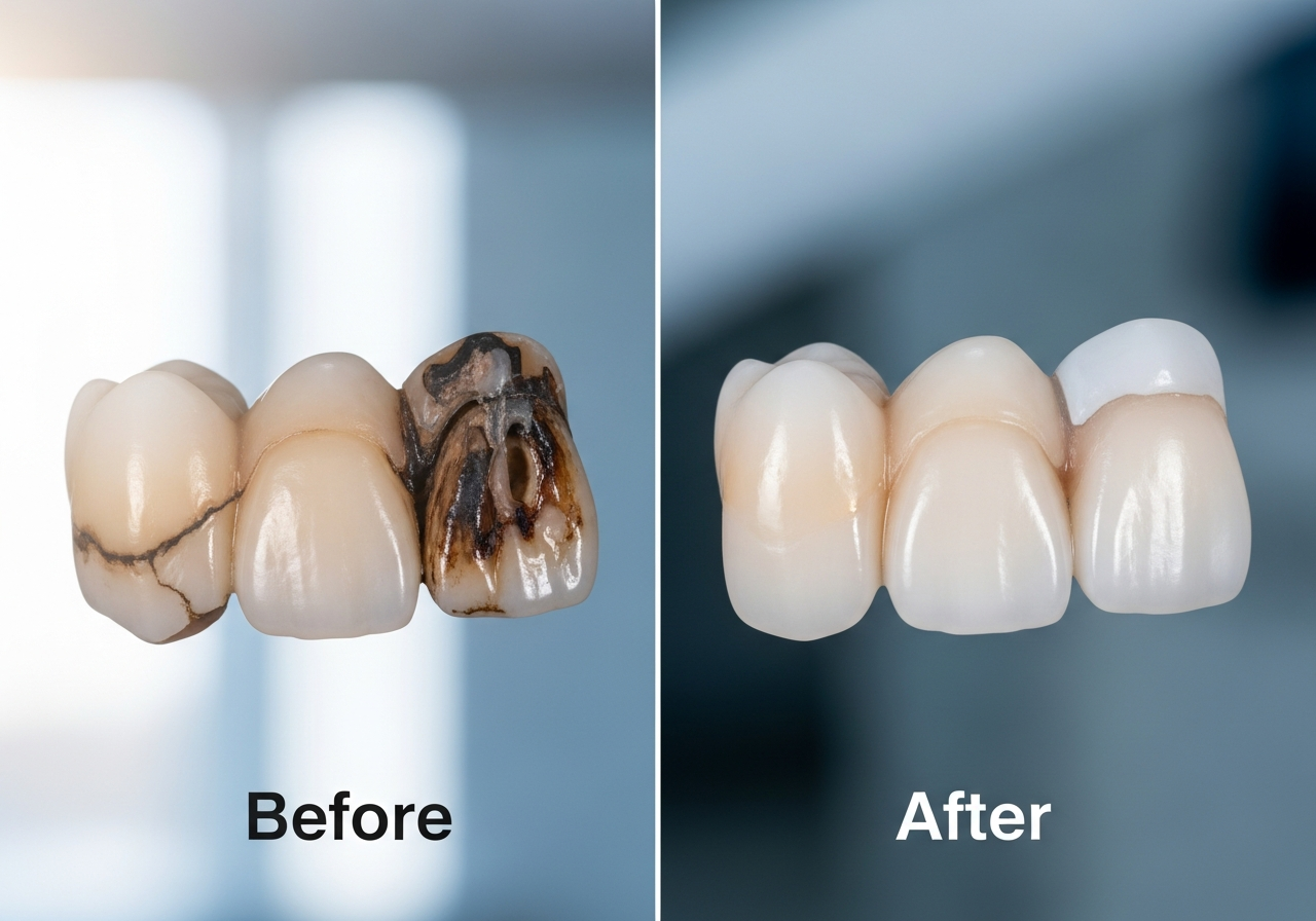 A damaged molar beside a finished ceramic dental crown