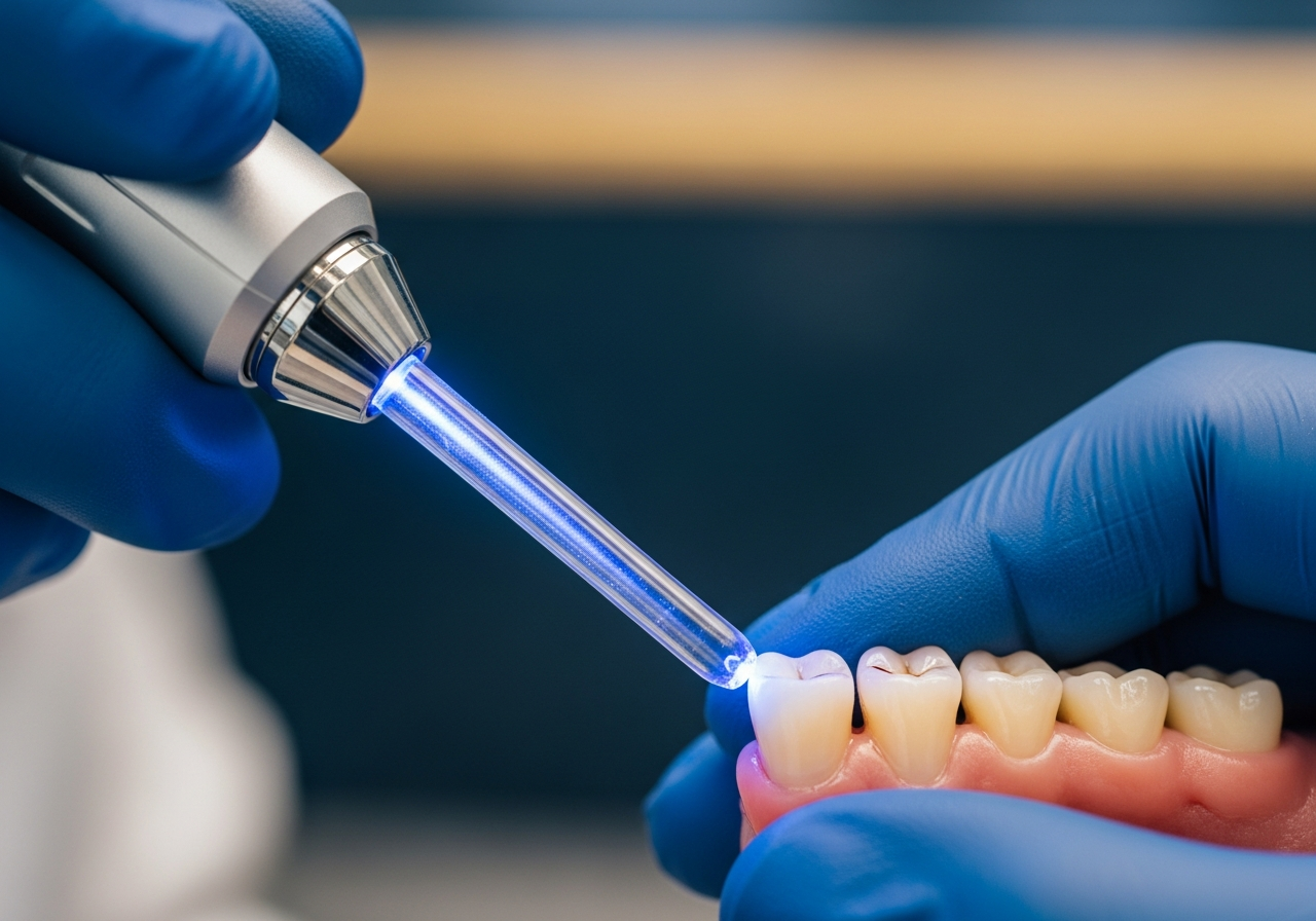 Dentist curing a tooth-coloured composite filling