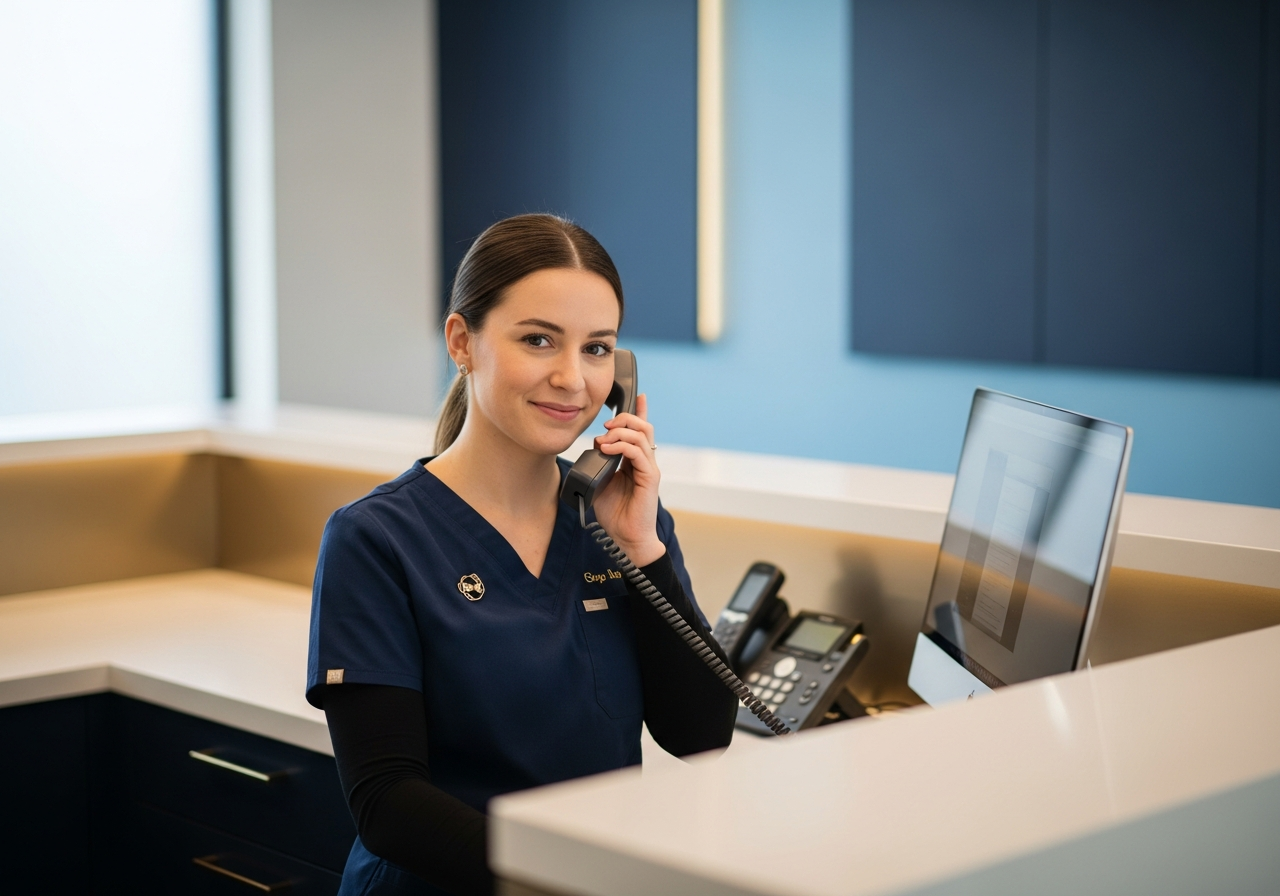 Dental team member answering the phone to help an emergency patient