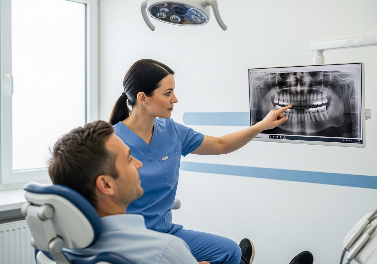 A dentist reviewing a dental x-ray with a patient in a modern operatory