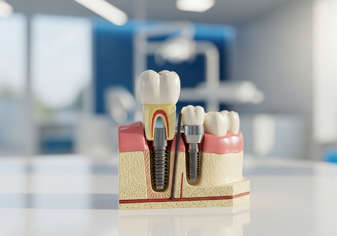 Cross-section model of a dental implant in the jawbone with a crown