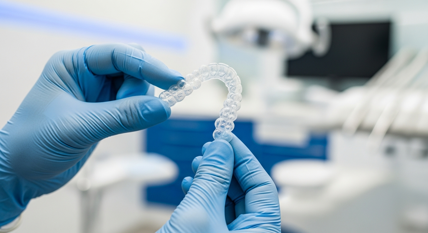 Set of clear dental aligners on a reflective surface in a Barrhaven dental office