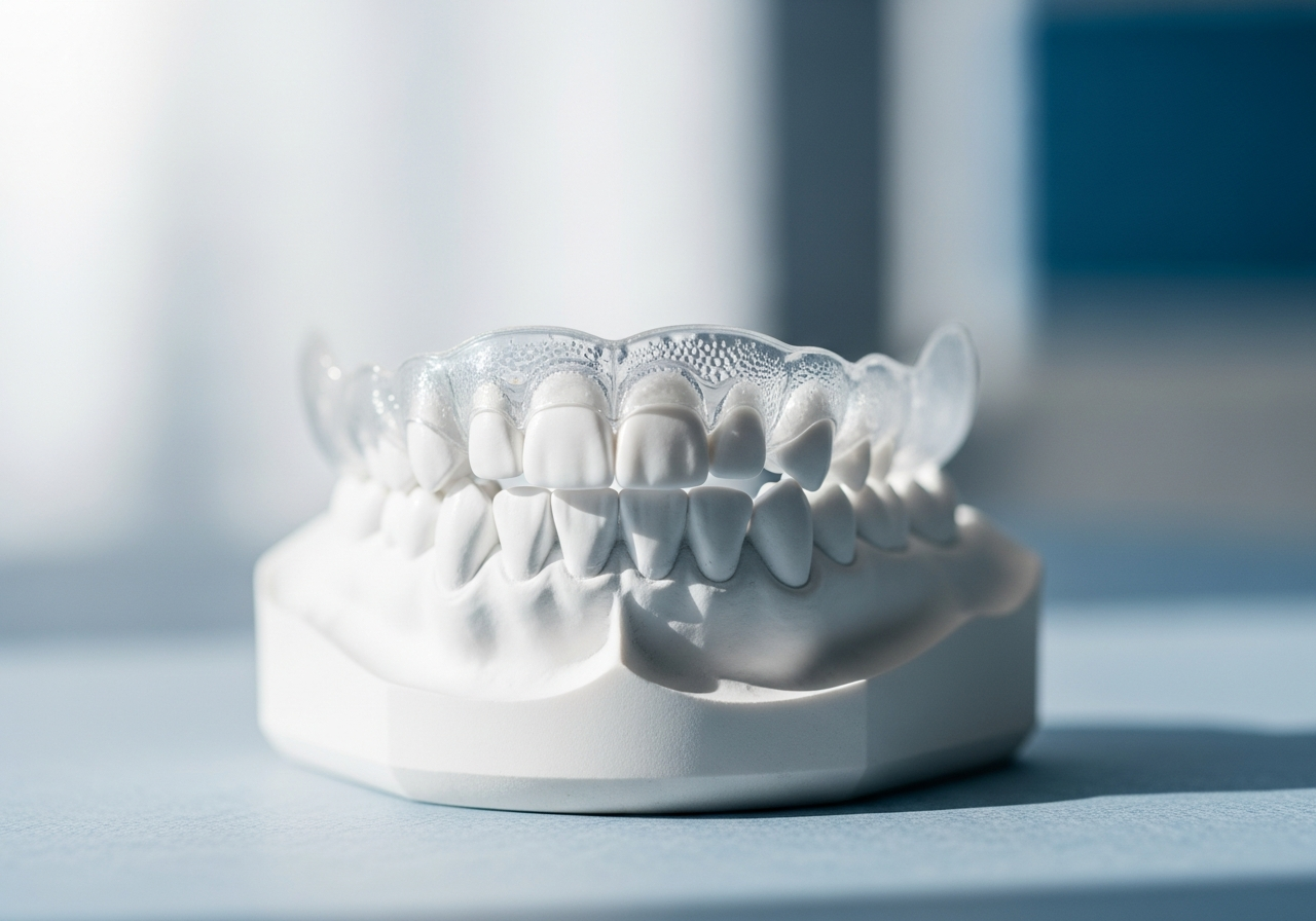A custom-molded clear dental night guard on a dental model