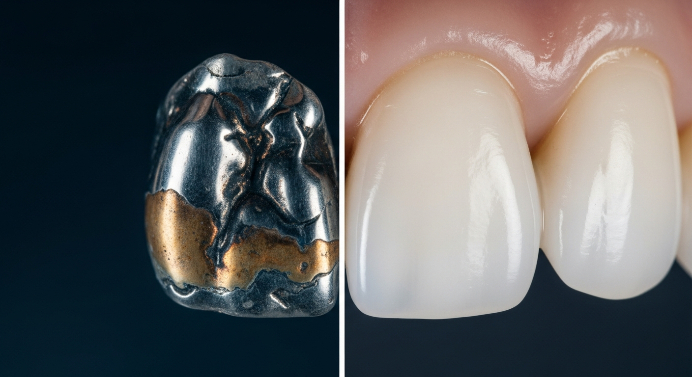 Comparison of a dark metal amalgam filling versus a natural white tooth