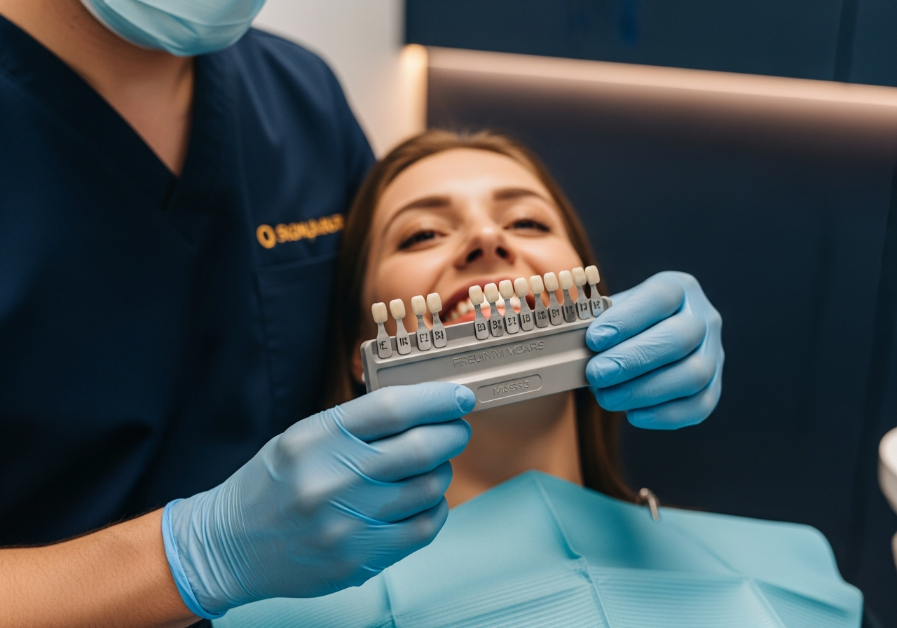 Dentist matching a tooth shade guide to a patient's teeth